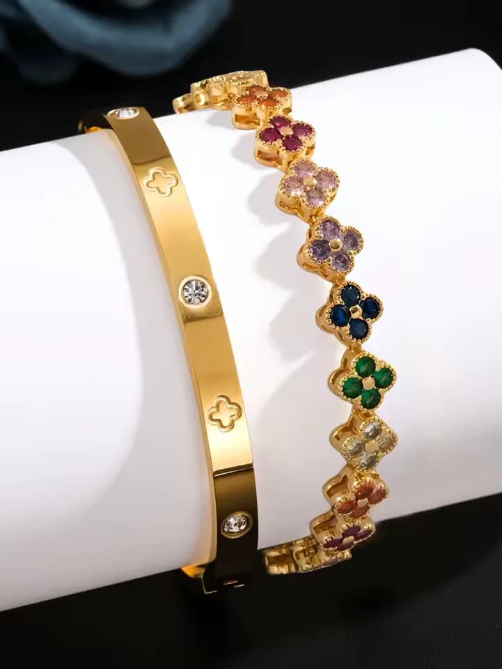 Aurora Bloom 2-Piece Four-Leaf Zircon Bracelet Set
