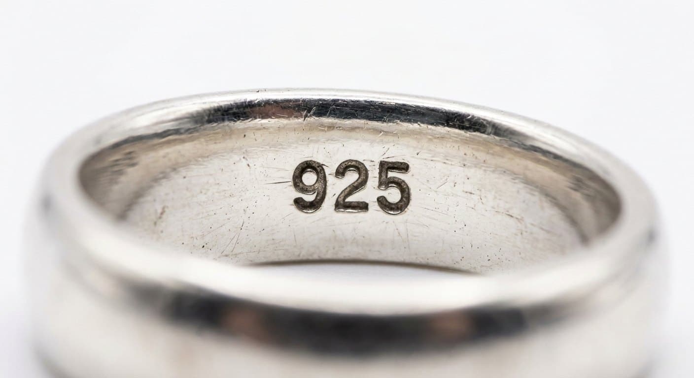 Close-up of 925 hallmark stamp engraved inside a sterling silver ring band