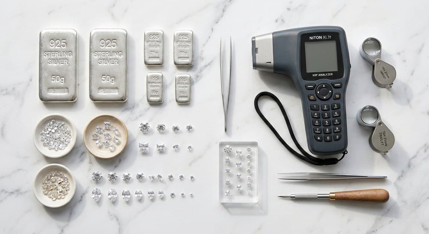Flat lay of 925 sterling silver ingots, cubic zirconia gemstones, and a jeweler's loupe on white marble representing the first stage of our jewelry quality control process