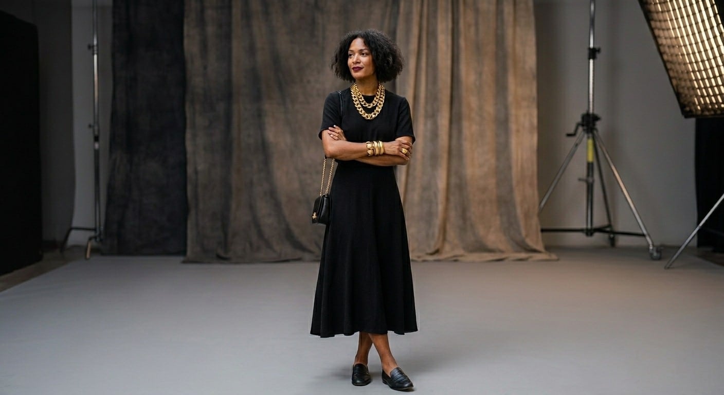 How to wear statement jewelry - woman in a simple black dress styled with a bold gold collar necklace as the focal point against a neutral background