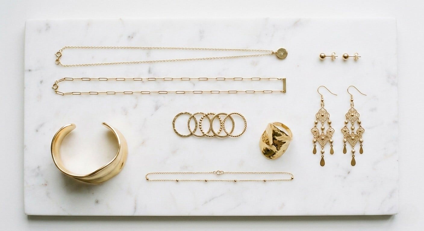 Jewelry capsule wardrobe flat lay - complete collection of minimalist and statement pieces including chain necklaces, stud earrings, chandelier earrings, stacking rings, cocktail ring, and gold cuff arranged on white marble
