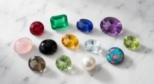 Collection of colorful gemstones including ruby, emerald, sapphire, amethyst, rose quartz, citrine and opal arranged on white marble — gemstone meanings by color