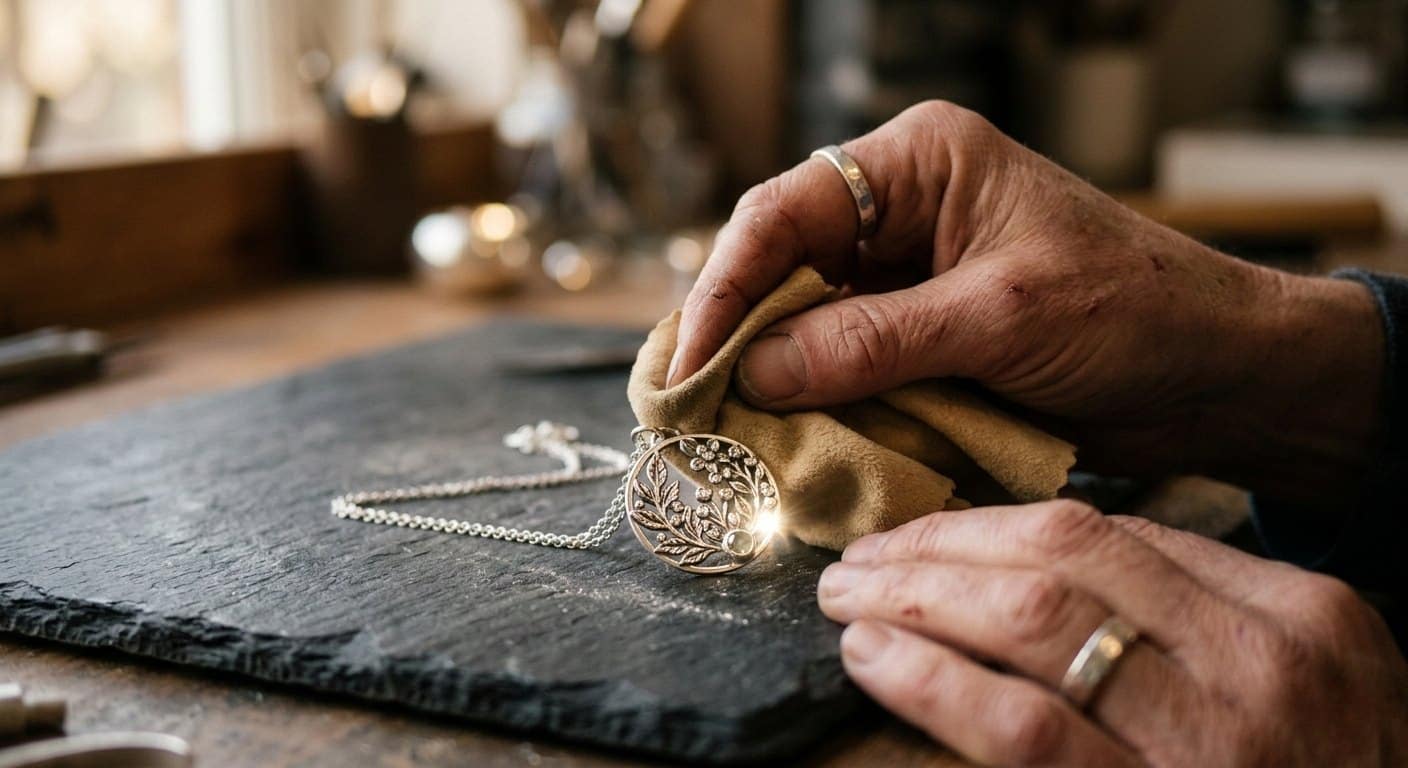 Artisan hand-polishing a sterling silver pendant with a chamois cloth, showcasing the final surface finishing stage of jewelry craftsmanship before quality approval