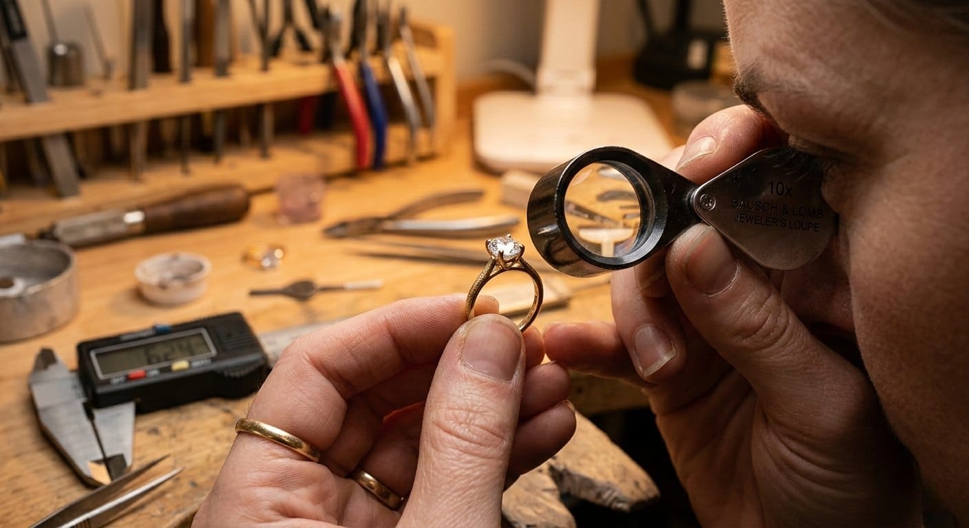 Jeweler using a 10x loupe to examine a gold-plated ring prong setting as part of an in-process jewelry quality control inspection on a workshop bench