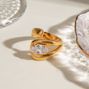 Large Teardrop Zircon Ring with 18K Gold Plated Stainless Steel Band
