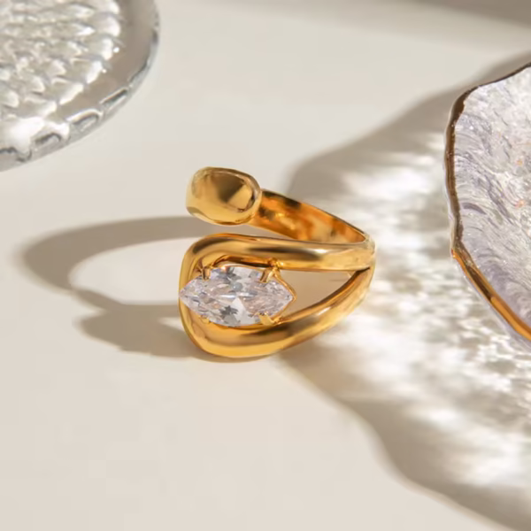 Large Teardrop Zircon Ring with 18K Gold Plated Stainless Steel Band