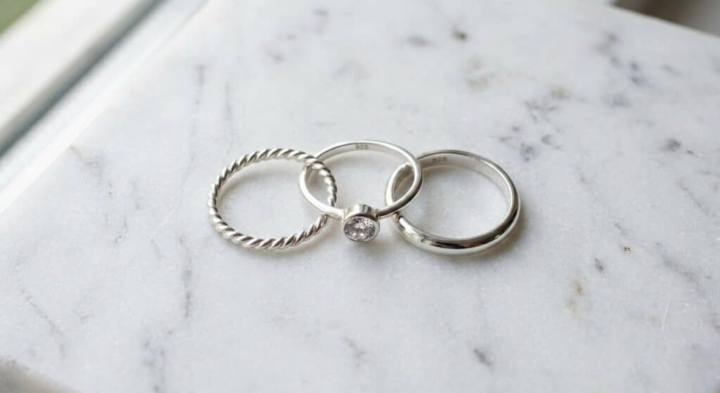 Three 925 sterling silver rings on white marble — polished band, CZ accent ring, and twisted rope design