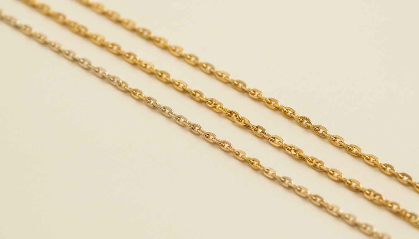 Side-by-side comparison of 10k, 14k, and 18k gold chain color differences