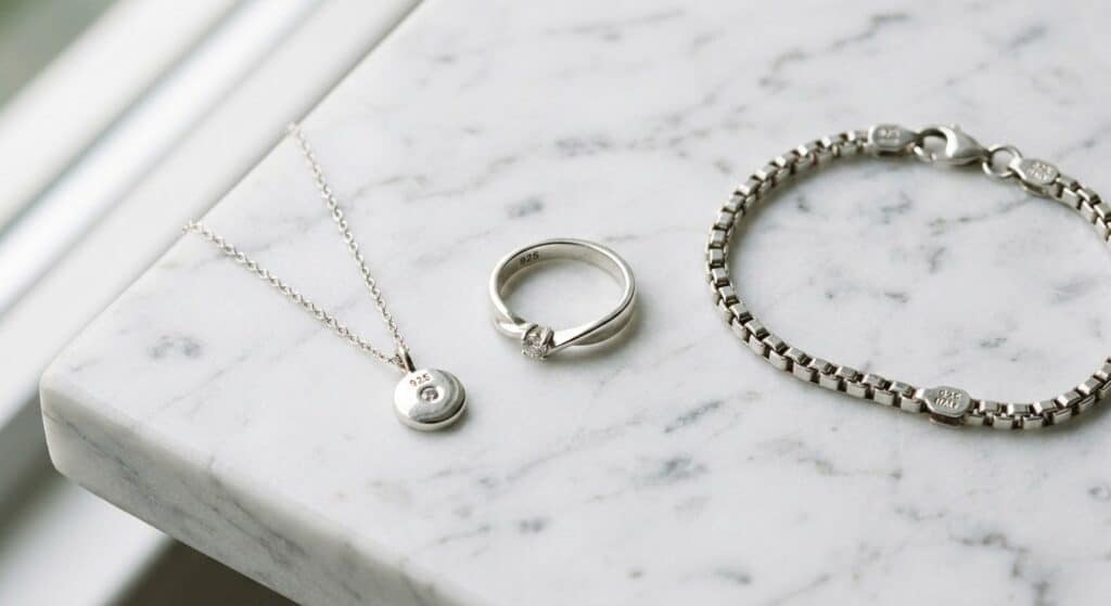 925 sterling silver necklace with round pendant, solitaire ring, and box chain bracelet displayed on white marble surface
