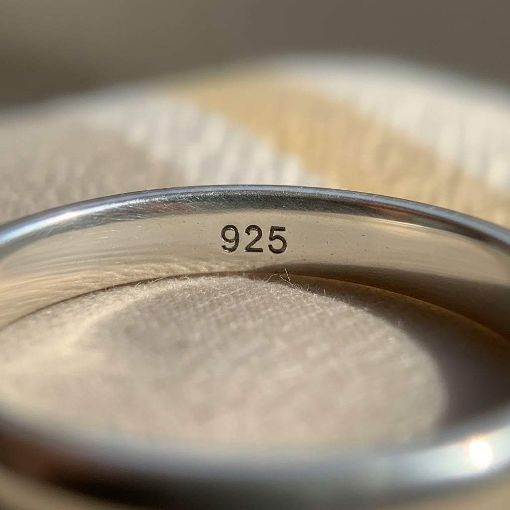 Macro close-up of 925 stamp engraved inside a sterling silver ring band with soft warm bokeh background