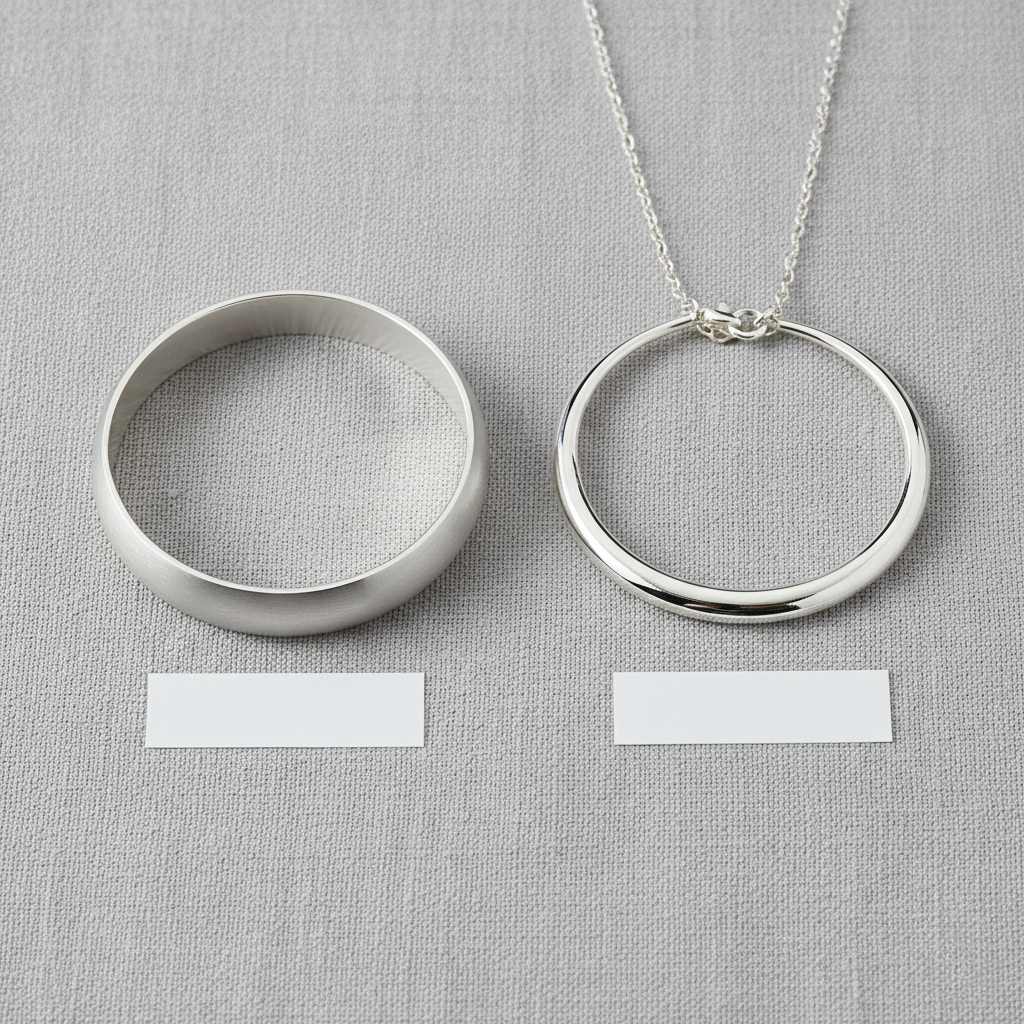 Matte sterling silver ring and polished pure silver circle pendant side by side on gray linen surface showing finish difference