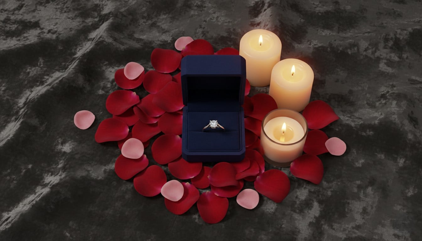 Ring buying guide for every occasion — a ring gift box styled with rose petals and candlelight