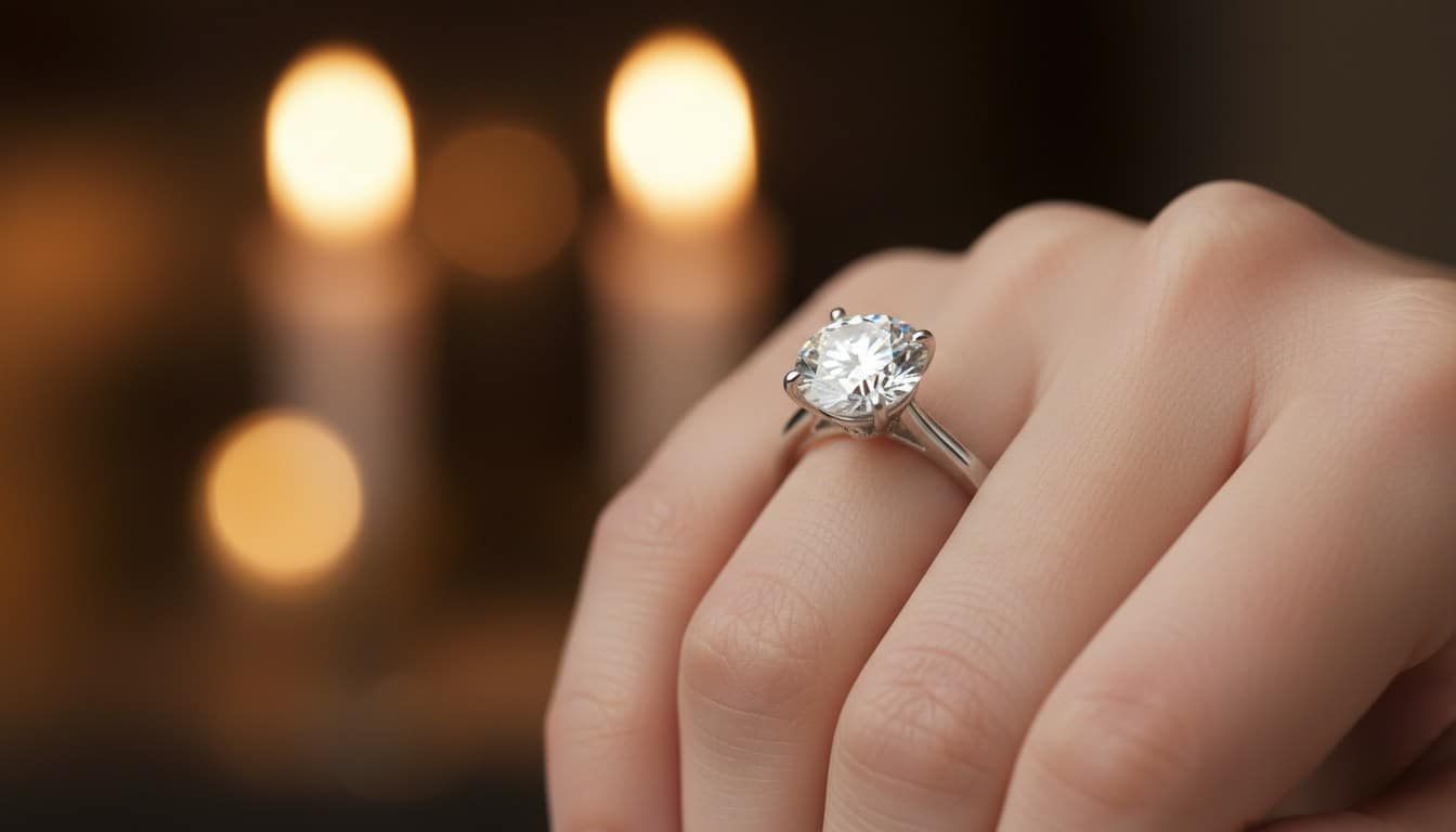 Engagement ring buying guide — close-up of a round diamond solitaire on a woman's finger
