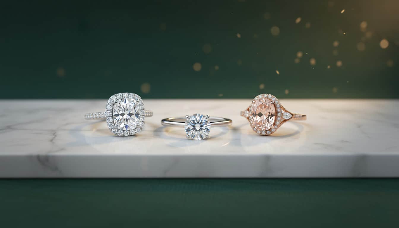 Ring buying guide — solitaire, halo, and vintage-inspired rings displayed on white marble