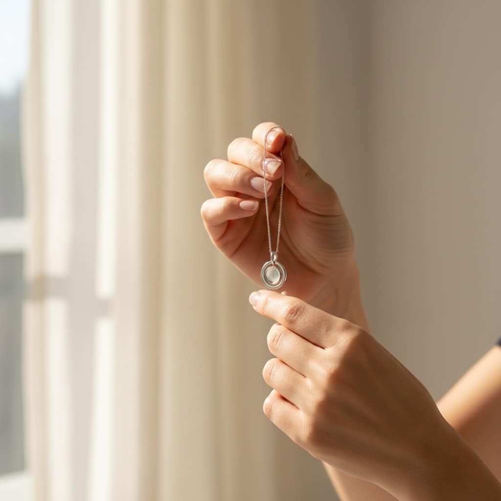 Woman's hands holding a sterling silver circle pendant necklace up to natural window light to check authenticity
