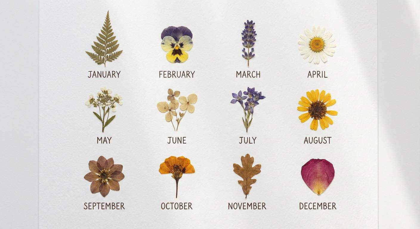 Birth flower necklace meaning by month — twelve pressed birth flowers arranged in a monthly grid, each labeled with its corresponding month