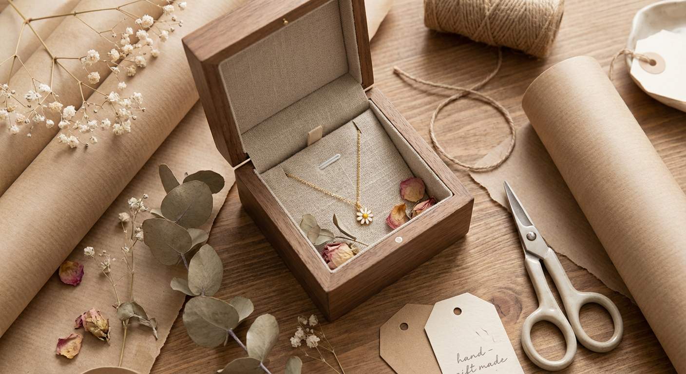 Birth flower necklace meaning as a gift — open jewelry box with a gold flower necklace surrounded by dried botanicals and kraft paper