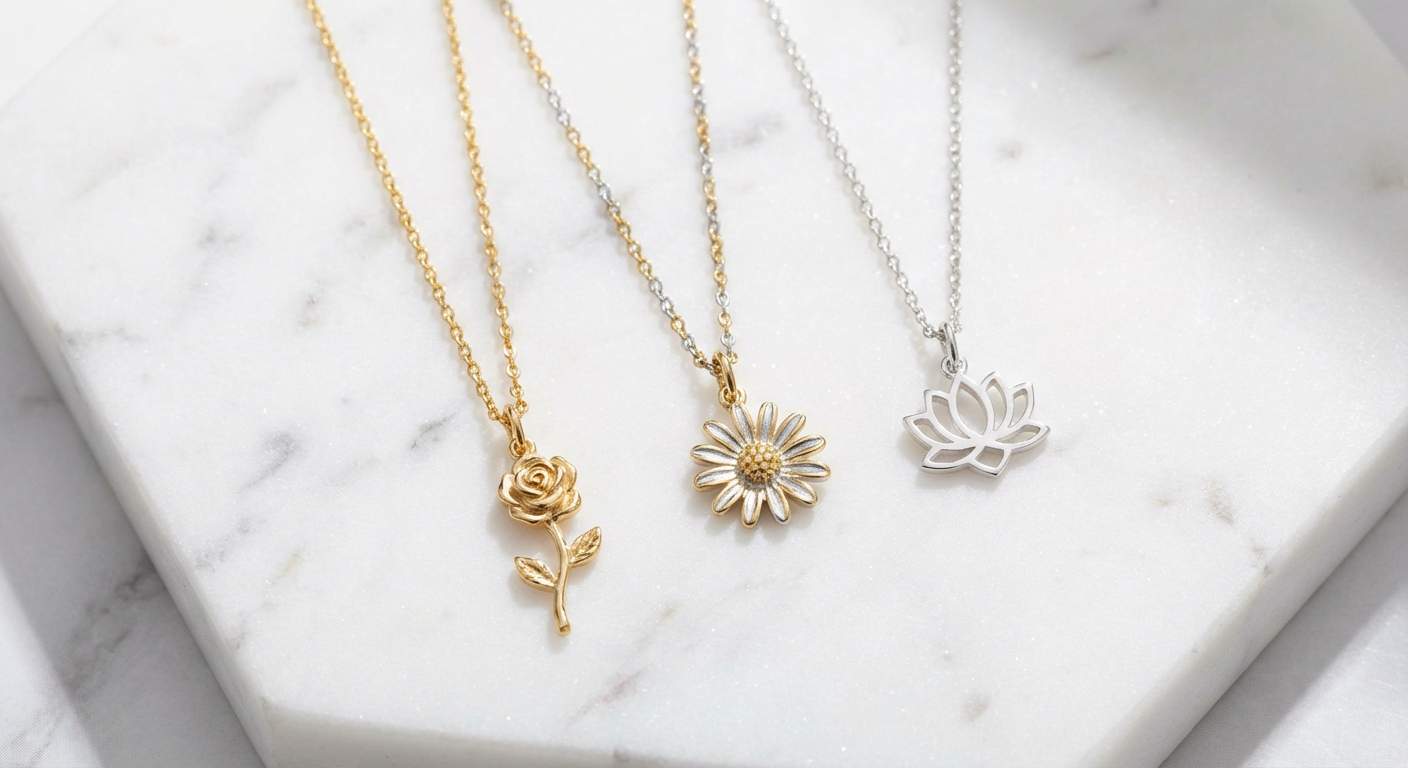 Birth flower necklace meaning by flower — rose, daisy, and lotus pendant necklaces in gold and silver on white marble