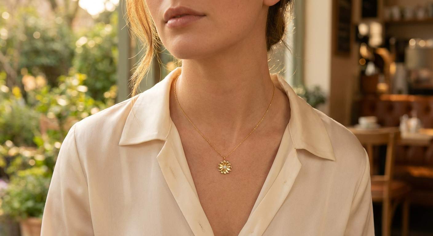 Birth flower necklace meaning — woman wearing a dainty gold flower pendant necklace on a thin chain, warm natural light
