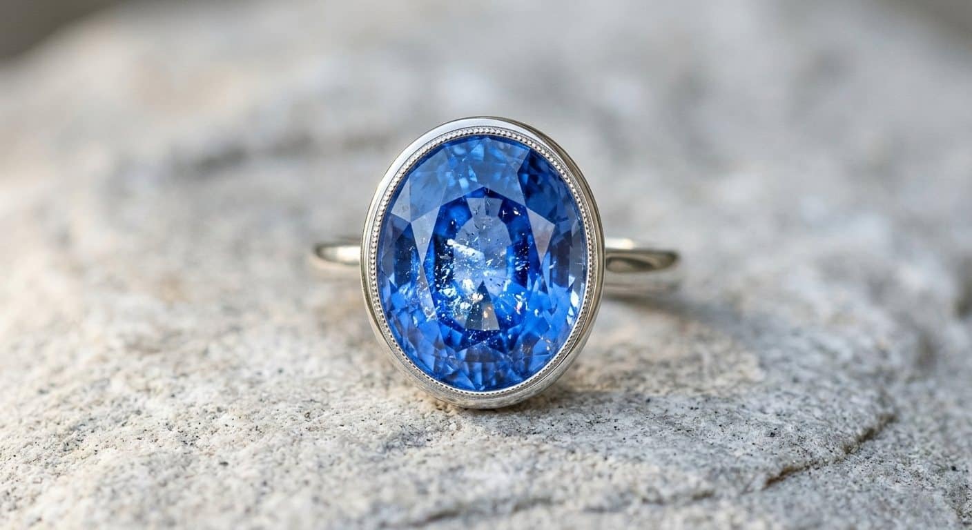 Close-up of vivid blue oval sapphire gemstone in silver setting on grey stone — blue gemstones meaning wisdom loyalty and calm