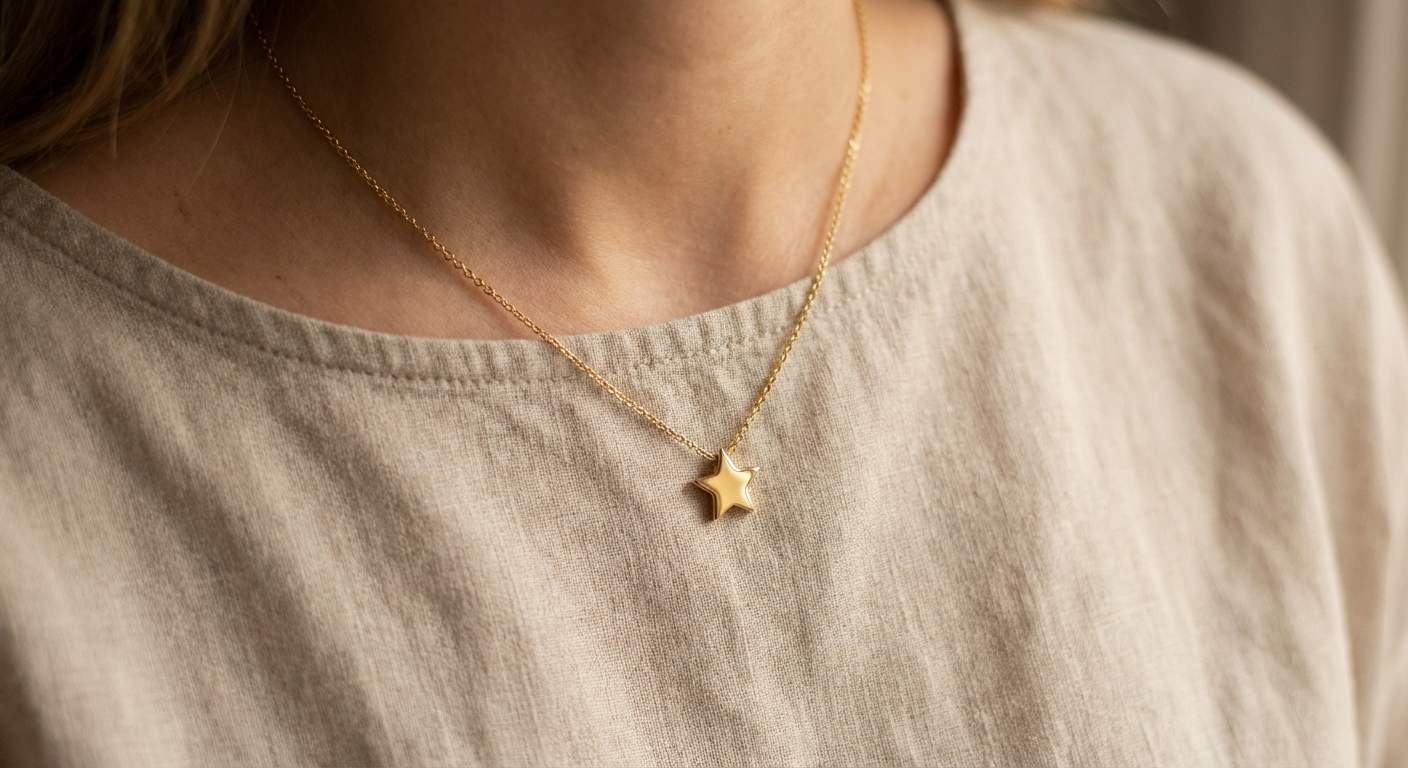 Dainty gold star pendant necklace resting on a woman's collarbone against a cream linen top