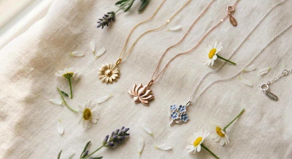 A flat lay of three flower necklaces on cream linen — a gold daisy flower necklace, a rose gold lotus flower necklace, and a sterling silver forget-me-not flower necklace, styled with fresh daisies and lavender