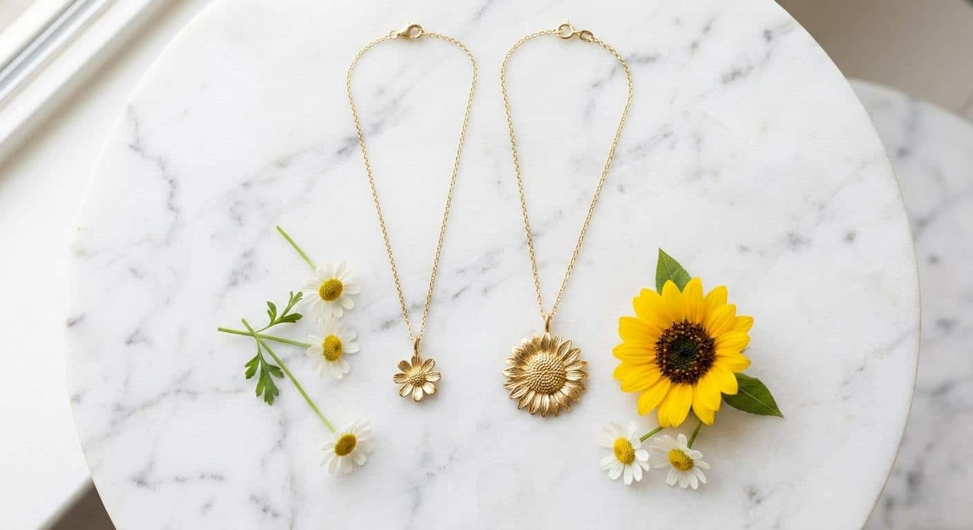 A product flat lay of a gold daisy flower necklace and a gold sunflower flower necklace side by side on white marble, surrounded by fresh daisy and sunflower blooms
