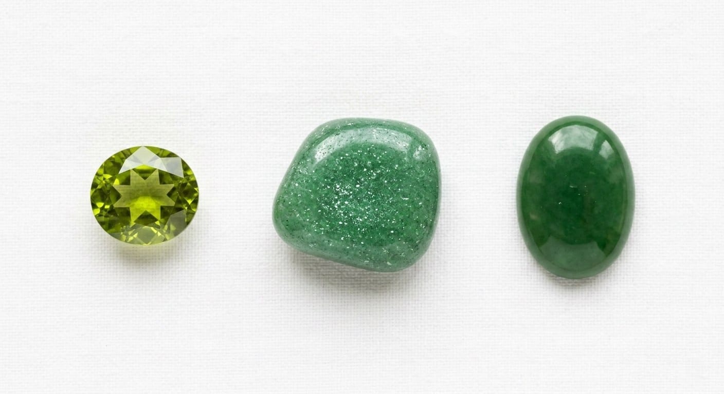 Peridot, green aventurine and jade gemstones arranged on white background showing three different shades of green — green gemstones meanings and varieties