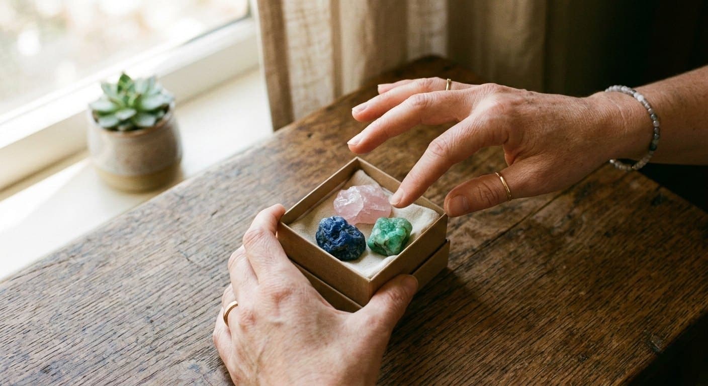 Overhead view of hands choosing between sapphire, rose quartz and emerald gemstones in a small open gift box — how to choose a meaningful gemstone