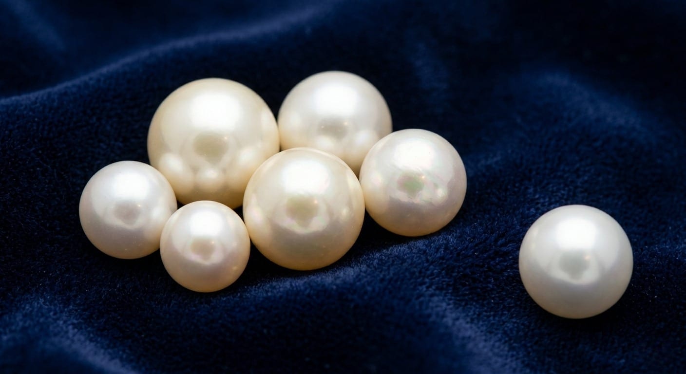 Cluster of lustrous white and cream pearls on dark navy velvet showing nacre iridescence — answering whether a pearl is a gemstone