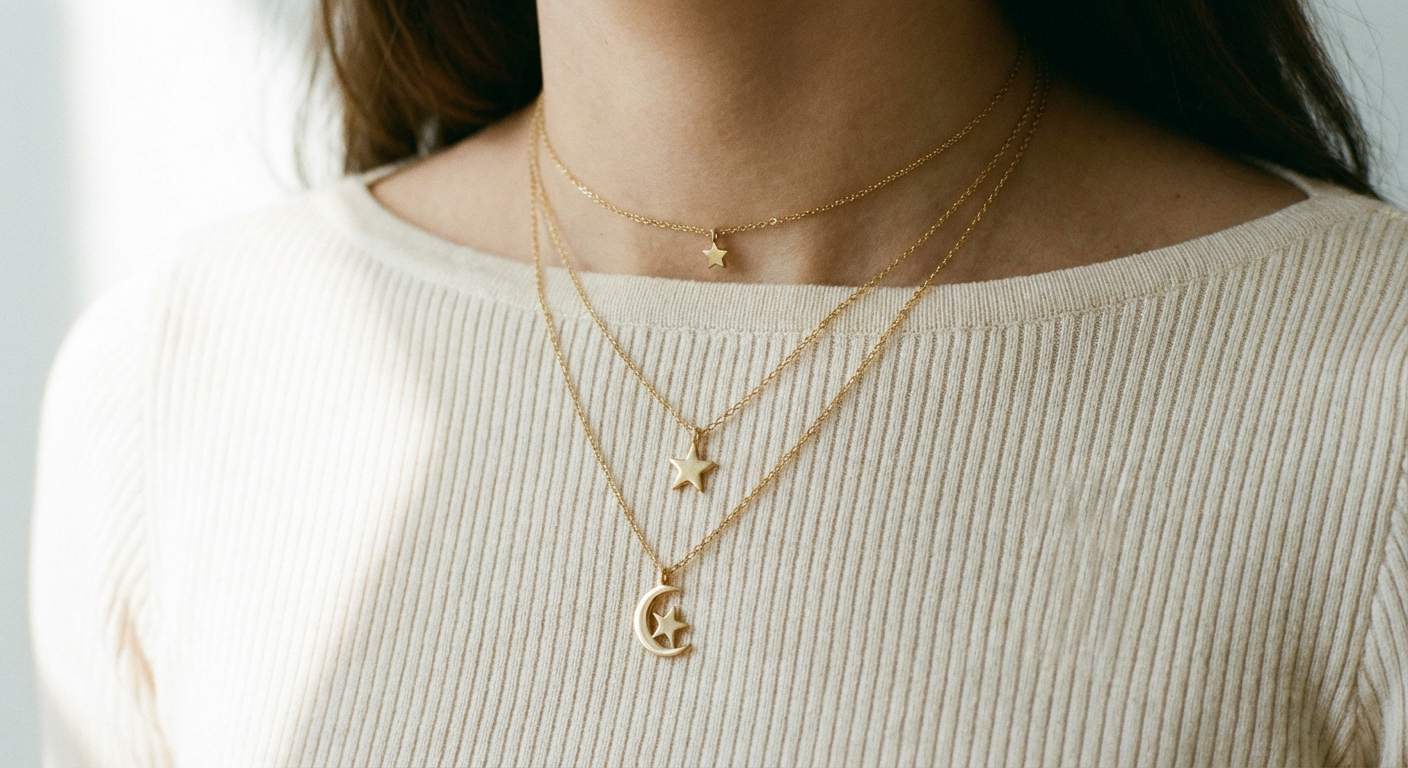 Three layered gold star necklaces on a woman's neckline — choker with tiny star, mid-length five-point star pendant, and longer moon and star charm chain