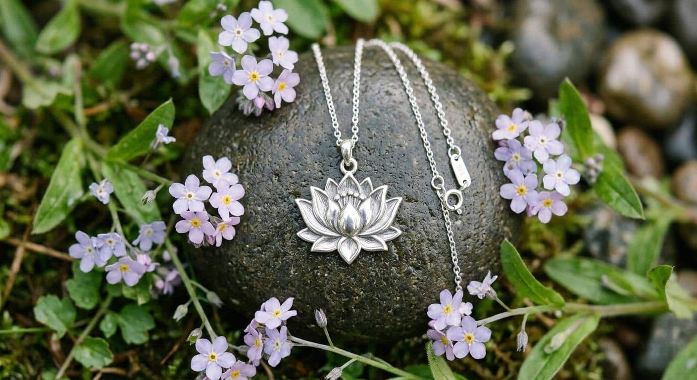 A sterling silver lotus flower necklace resting on a smooth river stone surrounded by pale purple forget-me-not flowers, representing resilience and remembrance