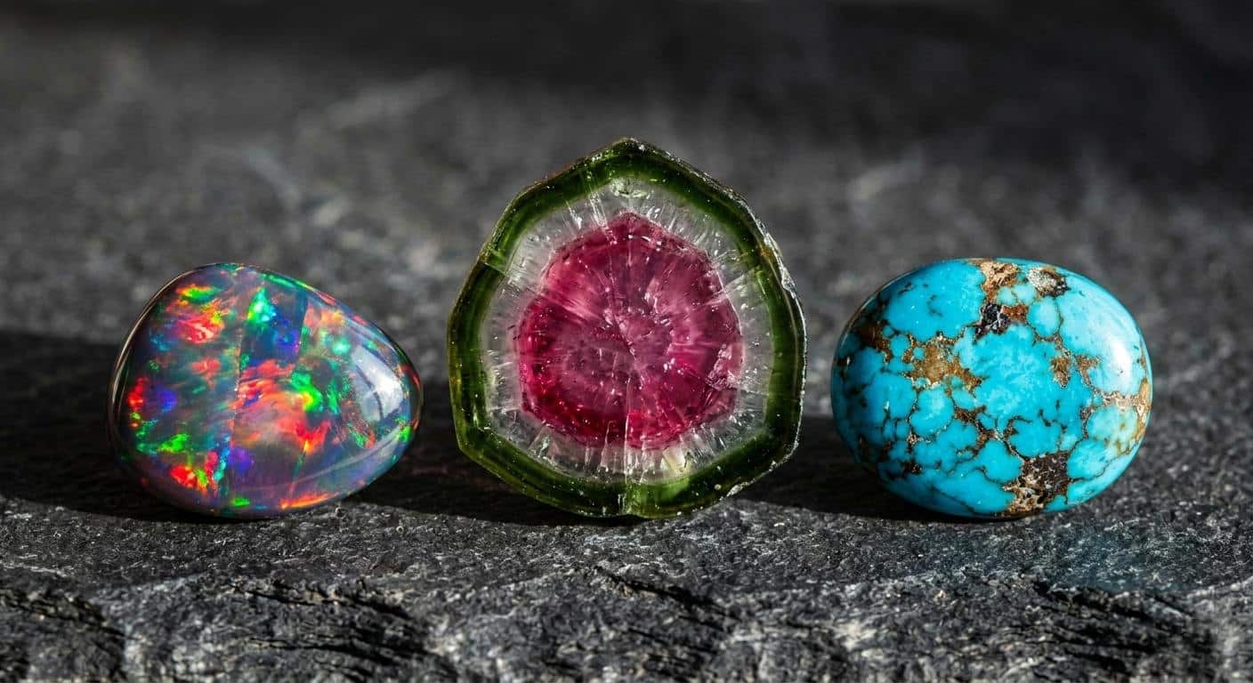 Precious opal with vivid play-of-color, watermelon tourmaline slice and turquoise with matrix on dark stone — multi-color gemstones meaning transformation and balance