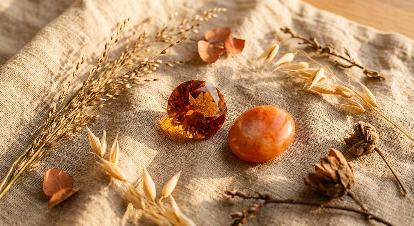 Amber citrine and orange jade gemstones on warm terracotta background with golden light — orange gemstones symbolizing creativity and warmth