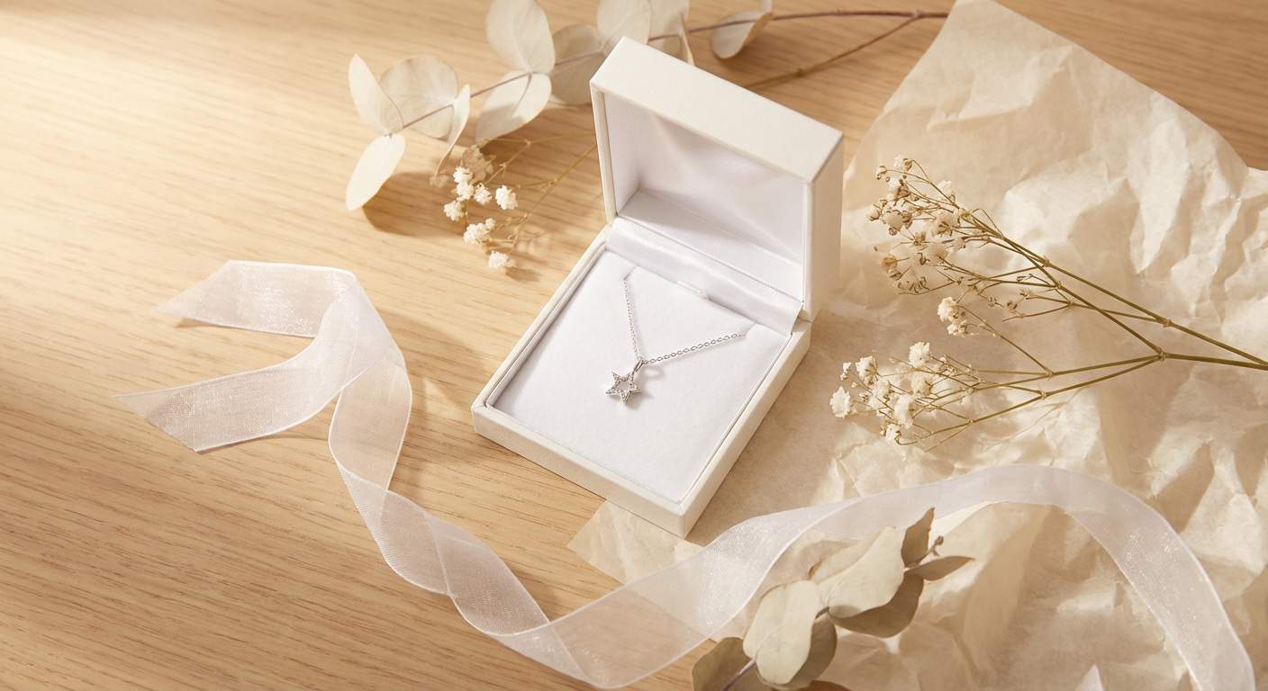 Dainty star pendant necklace in a white jewelry gift box with satin ribbon surrounded by dried flowers on a light wood surface