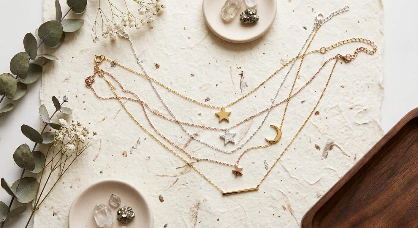Mixed metal star necklaces layered with moon and bar pendants on cream paper — star necklace trends 2026