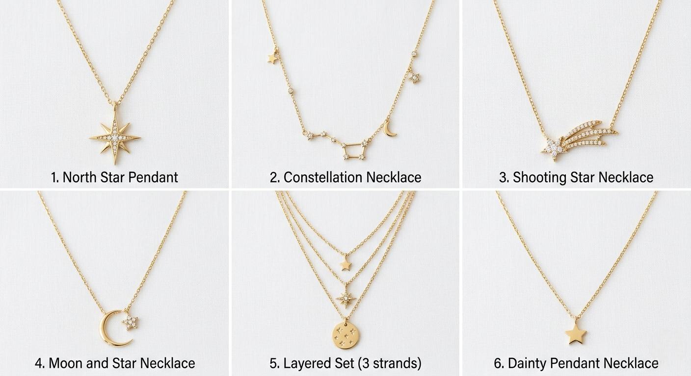 Six different types of star necklaces in a flat lay grid — north star, constellation, layered, moon and star, dainty, shooting star