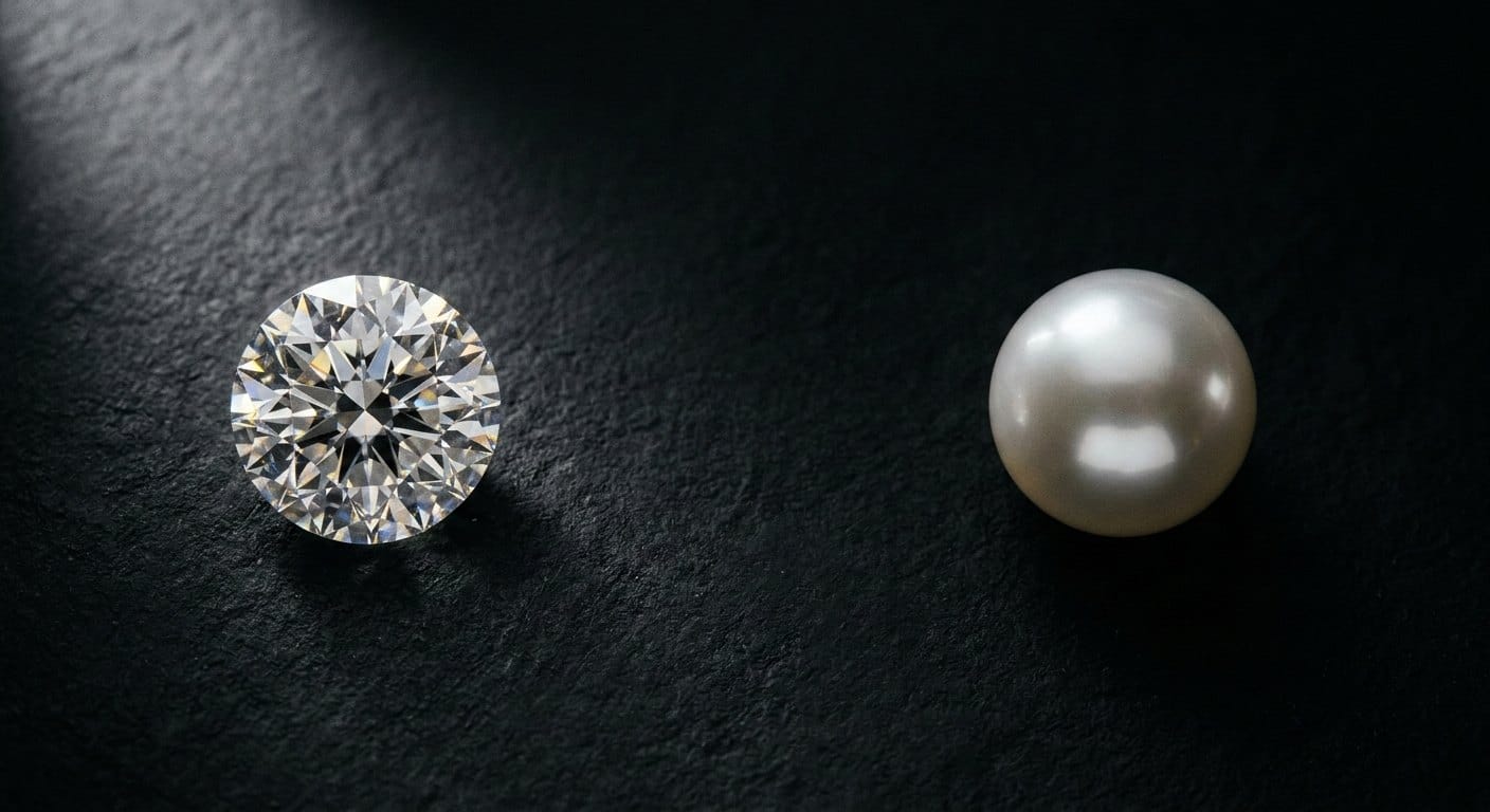 Single loose round brilliant diamond and white pearl side by side on dark charcoal surface — white and colorless gemstones meaning purity and clarity
