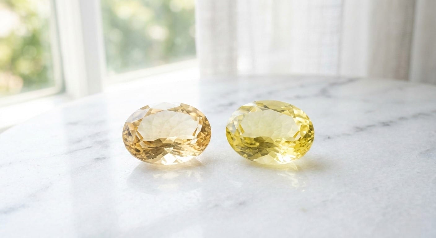 Yellow topaz and yellow citrine gemstones on white marble in bright natural light — yellow gemstones representing optimism and mental clarity