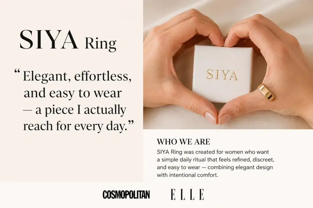 Siya Ring - The Bio-Field Energy Harmonizer 9 Seductive mirror visual of hands forming a heart around the Siya Ring box with a testimonial for elegant and effortless somatic relief.