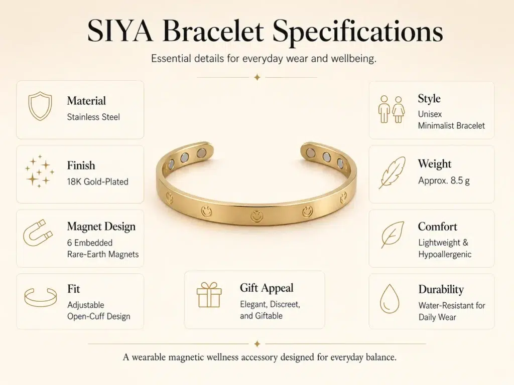 The Siya Somatic Bracelet in 18K gold-plated surgical steel, designed for peripheral signal grounding and executive focus.